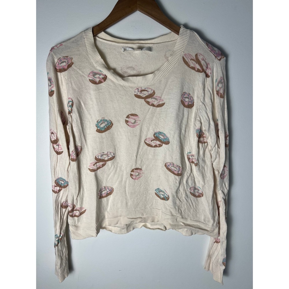 LC Lauren Conrad Sweater Wm L Cream Beaded Donut Print Long Sleeve Knit Artsy